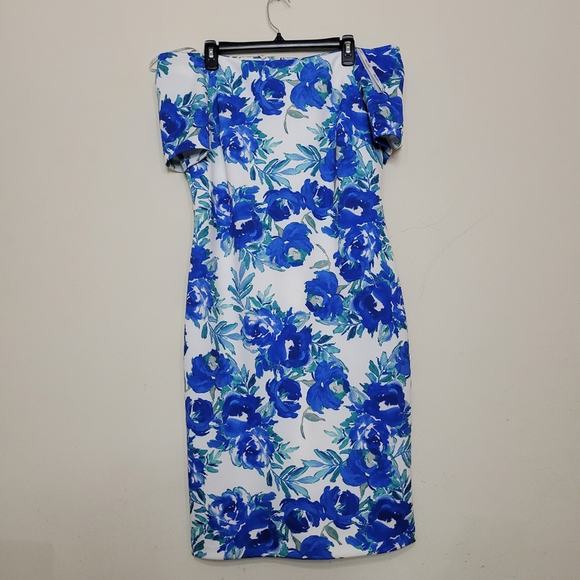 Calvin Klein Short Sleeve Off The Shoulder Sheath Dress in Regatta Multi 12 - Picture 3 of 5